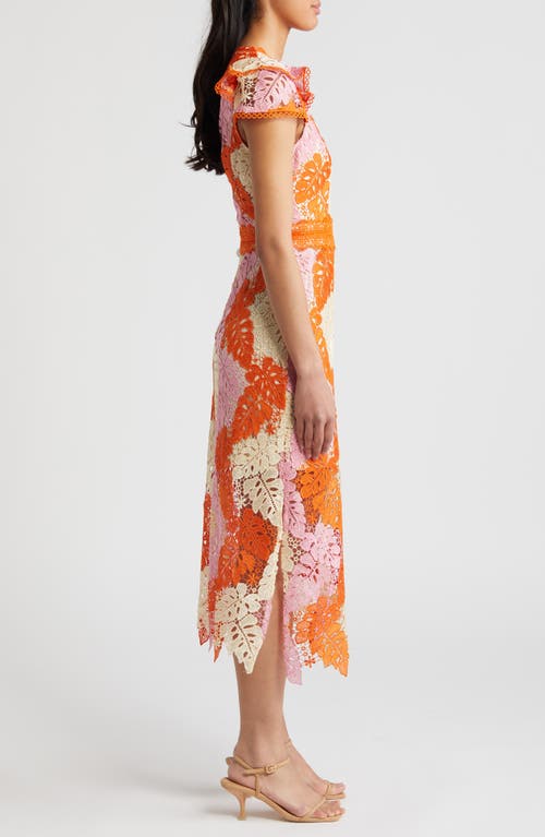 Shop Adelyn Rae Adeline Palm Lace Midi Dress In Orange/pink/cream