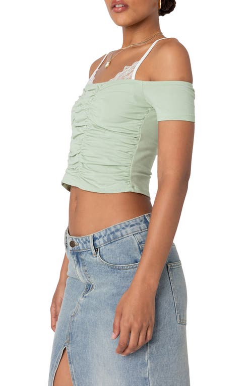 Shop Edikted Peeking Lace Cold Shoulder Ruched Crop Top In Sage