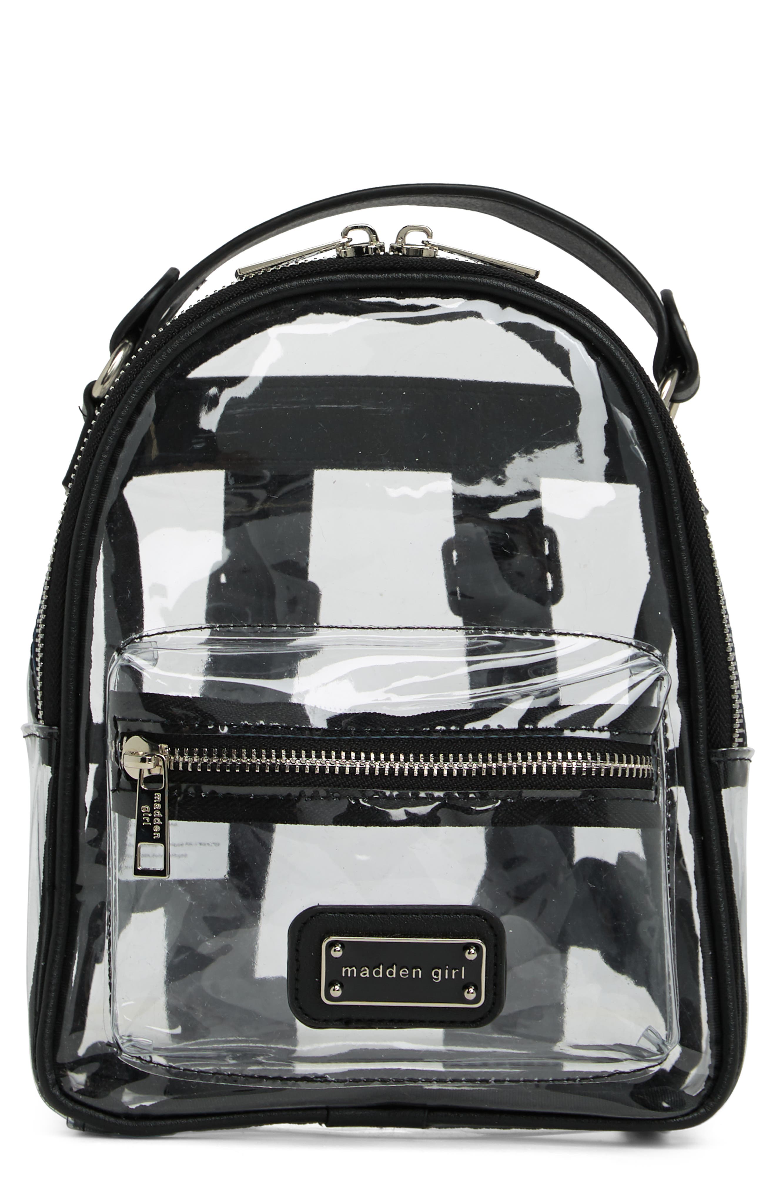 Madden Girl Clear Vinyl Tote Bag - Crossbody Or Shoulder Bag, Stadium Approved, 8.75"H X 9"W, Black Trim