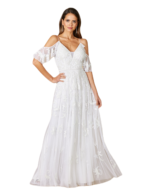 Shop Lara New York Giana Beaded Cold-shoulder Wedding Dress In Ivory