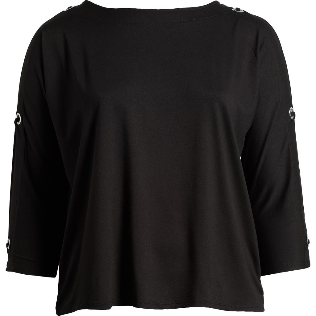 24seven Comfort Apparel Grommet Cold Shoulder Jersey Top In Black