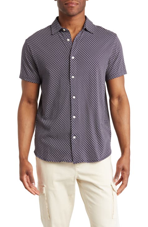 Geo Print Short Sleeve Knit Button-Up Shirt