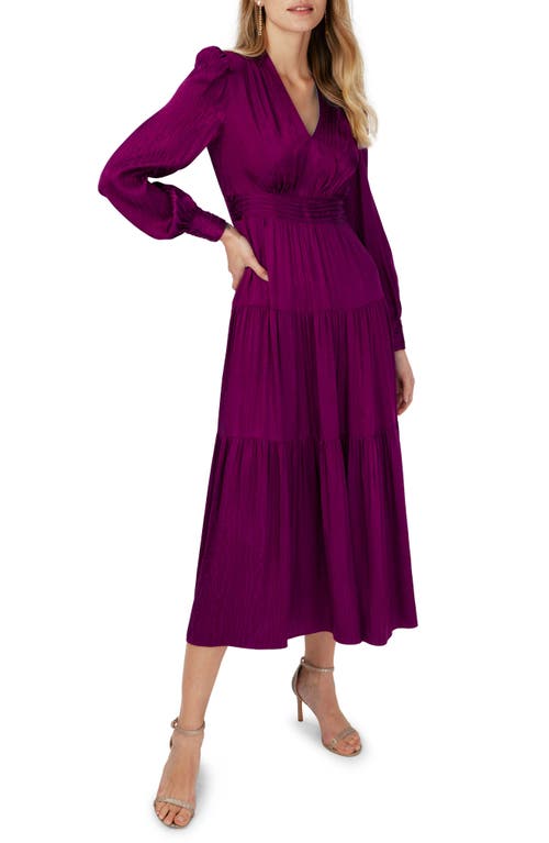 Gil Long Sleeve Tiered Jacquard Midi Dress in Violet
