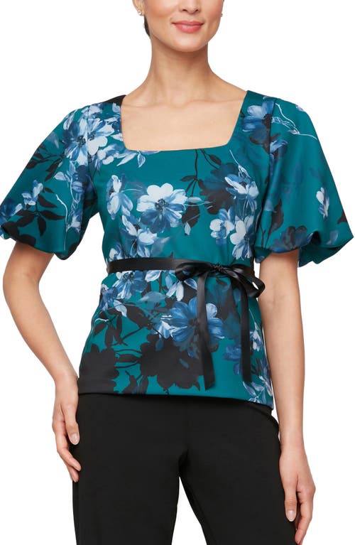 Alex Evenings Floral Puff Sleeve Square Neck Top In Teal Multi