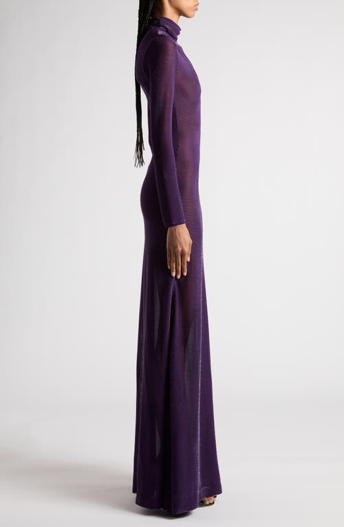 Shop Tom Ford Metallic Sheer Long Sleeve Turtleneck Silk Blend Dress In Violet Indigo