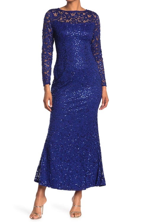 Shop Marina Sequin Lace Long Sleeve Gown In Royal