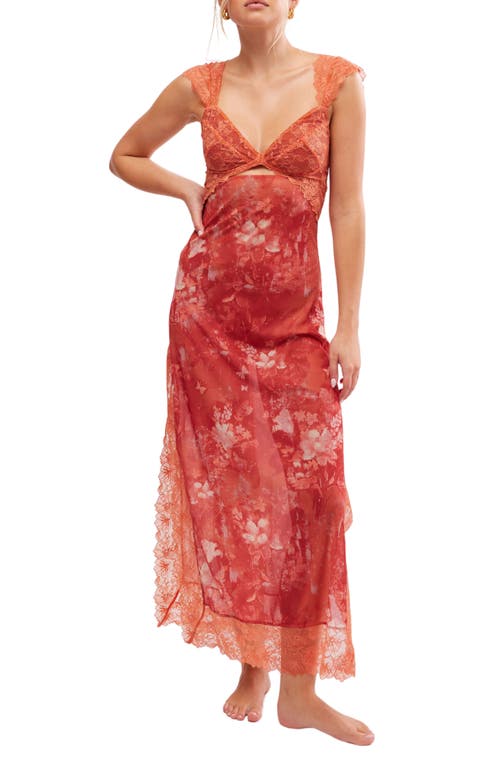 Suddenly Fine Floral Print Cutout Lace Trim Nightgown in Apricot Combo