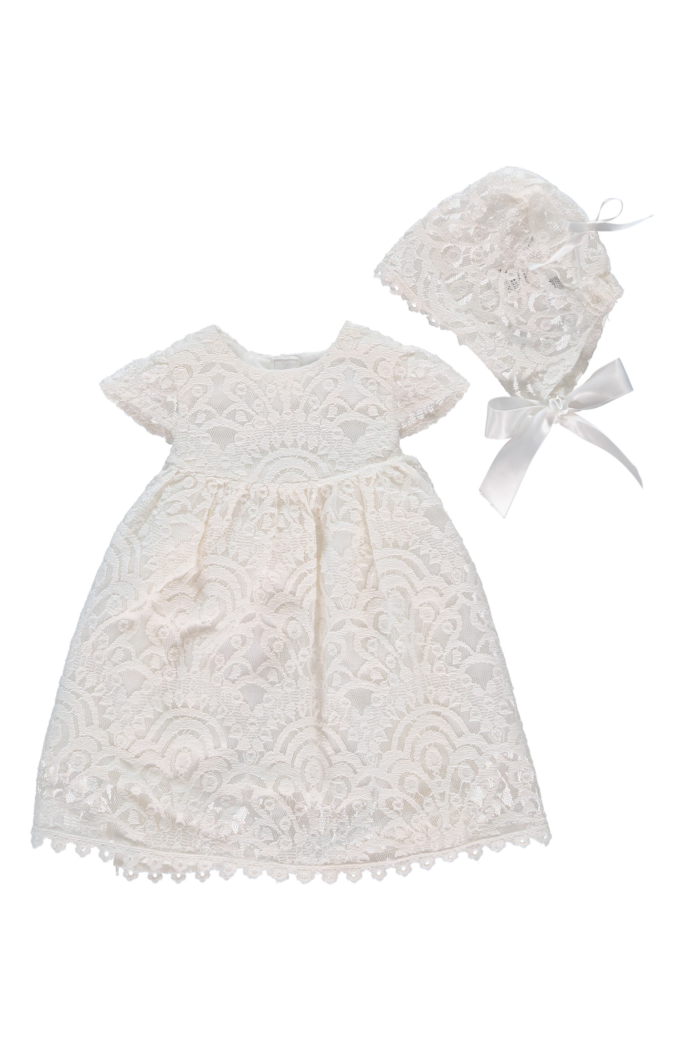Cinda Baby Girls White Lace Christening Gown and Bonnet