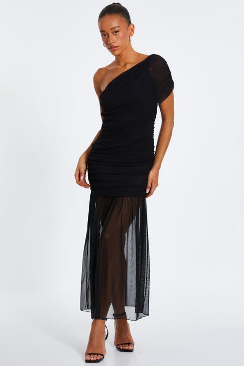 Quiz Mesh One Shoulder Drop Waist Maxi Dress In Black