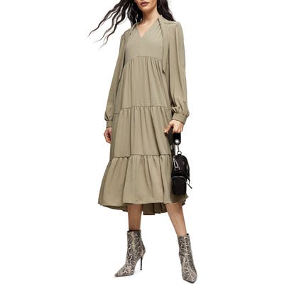 Topshop Tiered Tie Neck Chuckon Long Sleeve Midi Dress, US (fits like 10-12) - Green