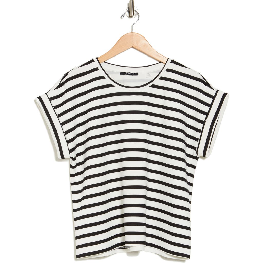 T Tahari Roll Sleeve Scuba Top In White/black Stripe