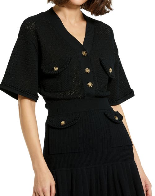 Mac Duggal Short Sleeve Pleated Hem Detail Button Up Sweater Dress In Black