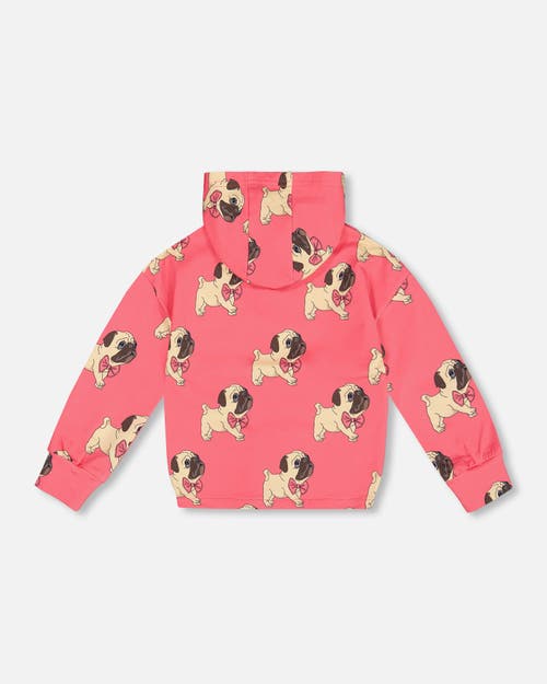 Shop Deux Par Deux Girl's Fleece Hooded Cardigan Magenta Printed Pug In Printed Puppy Pug