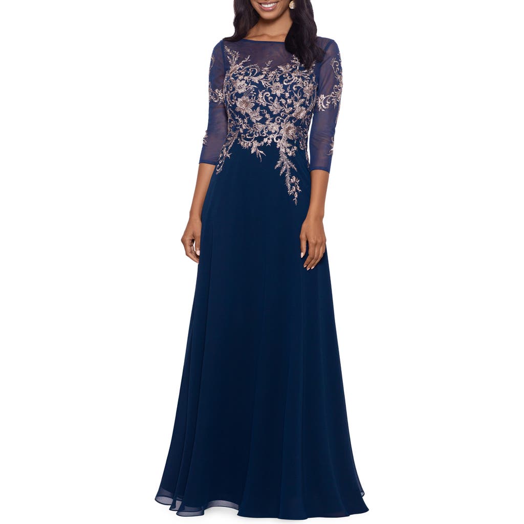 Betsy & Adam Metallic Embroidered Gown In Navy/rose