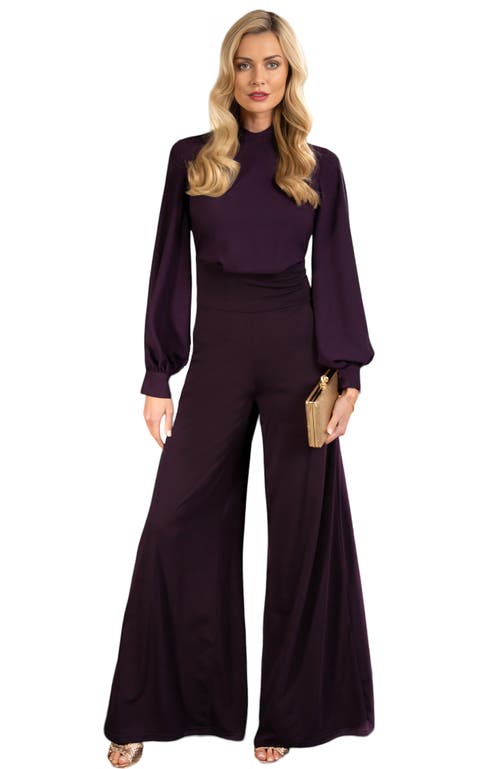 Hotsquash London Clothing Blouson Sleeve Wide Leg Jumpsuit In Damson