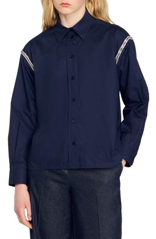 Shop Sandro Denim Shirt With Rhinestones In Navy Blue