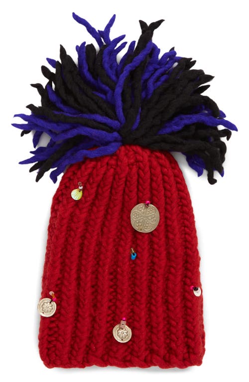 SC103 Compass Pompom Cable Knit Wool Beanie in Carnival