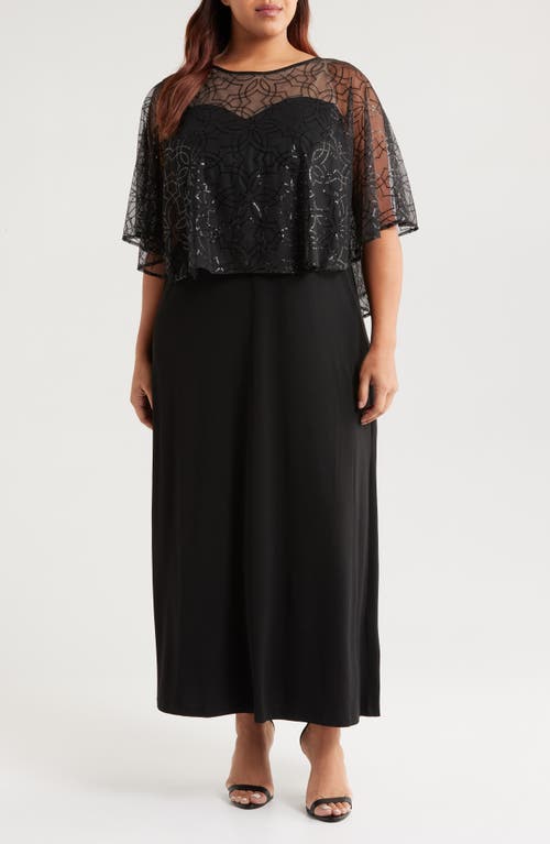 Connected Apparel Sequin Cape Gown in Black 