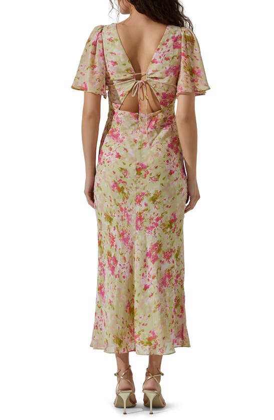 Shop Astr Floral Tie Back Flutter Sleeve Dress In Lime Pink Floral