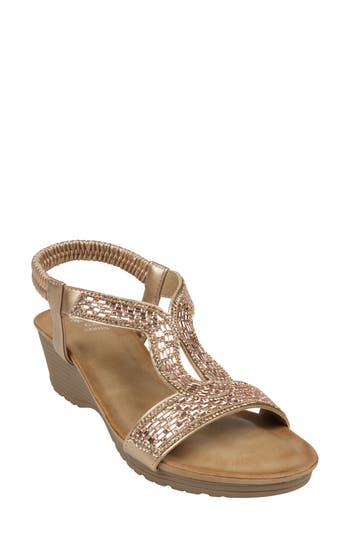 Good Choice New York Celestia Embellished Ankle Strap Wedge Sandal In Rose Gold