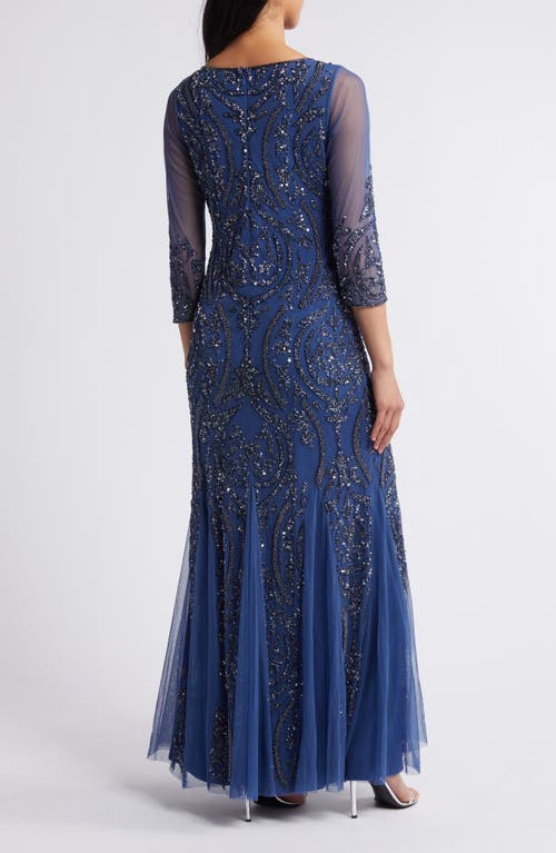 Shop Pisarro Nights Sequin Beaded Illusion Mesh Three-quarter Sleeve Gown In Denim