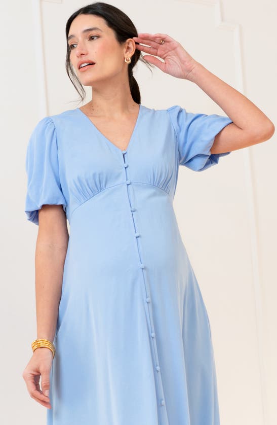 Seraphine Puff Sleeve Button-up Maternity Midi Dress In Blue
