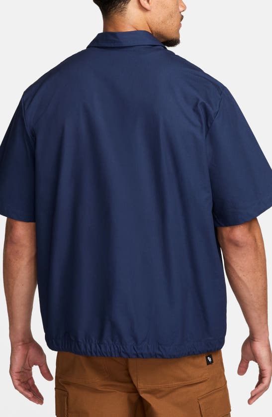 Shop Nike Club Venice Short Sleeve Drawstring Hem Cotton Button-up Shirt In Midnight Navy/ White