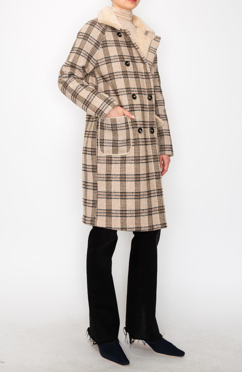 MELLODAY Faux Fur Collar Plaid Double Breasted Coat | Nordstromrack