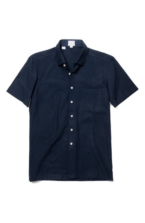 Short Sleeve Cotton Knit Button-Up Shirt in Navy