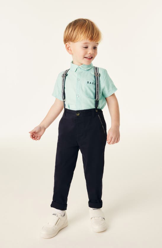 Shop Baker By Ted Baker Kids' Short Sleeve Button-up Shirt, Trousers & Suspenders Set In Green Multi