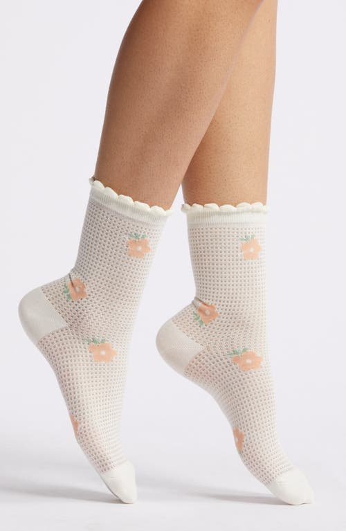 Cherry Pointelle Combed Cotton Crew Socks in White Floral
