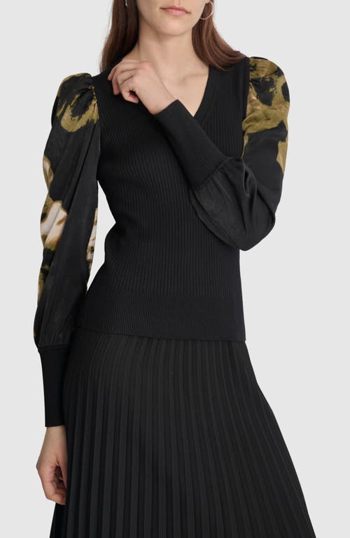 Shop Dkny Rib Puff Shoulder Sweater In Black/photo Floral