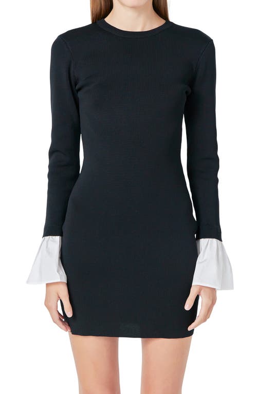 Endless Rose Contrast Cuff Long Sleeve Mini Sweater Dress In Black
