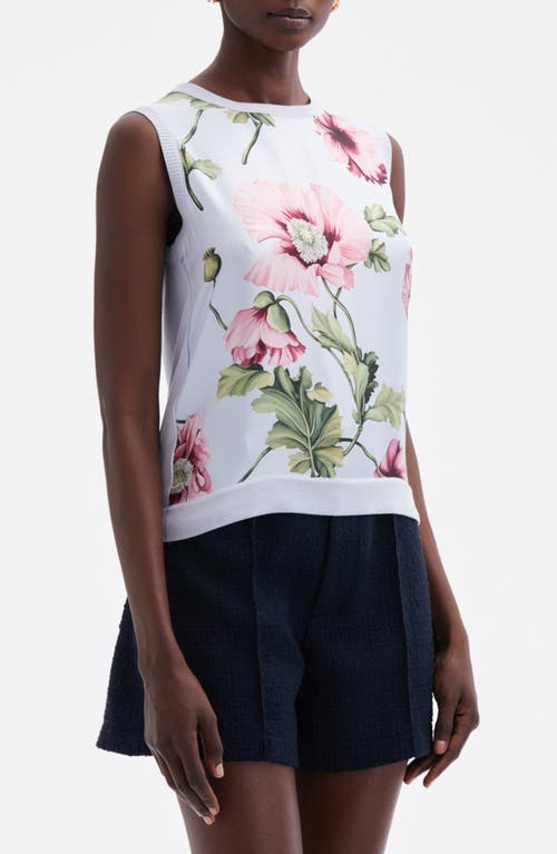 Shop Oscar De La Renta Poppy Print Mixed Media Sleeveless Sweater In Light Blue/pink