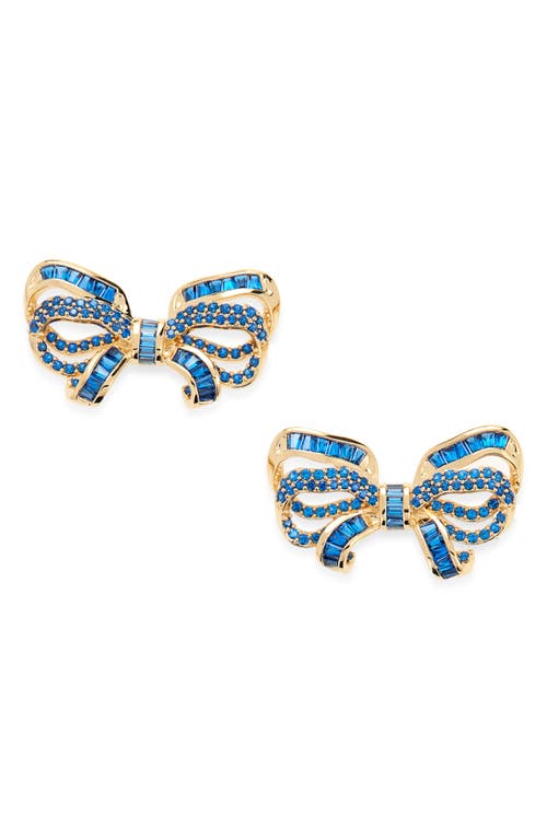 Pavé Crystal Bow Stud Earrings in Blue/Gold