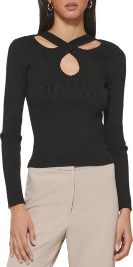 DKNY Rib Metallic Cutout Sweater