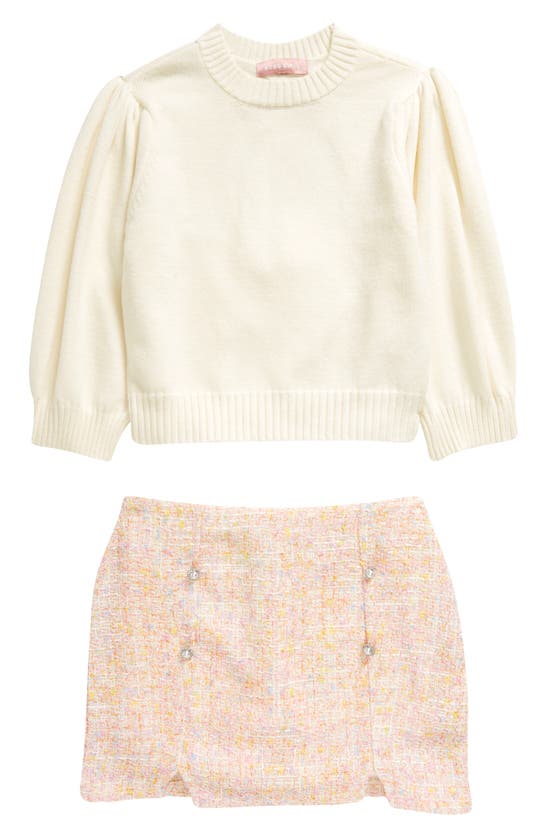Shop Bcbg Kids' Crewneck Sweater & Imitation Pearl Tweed Skirt Set In Ivory Multi