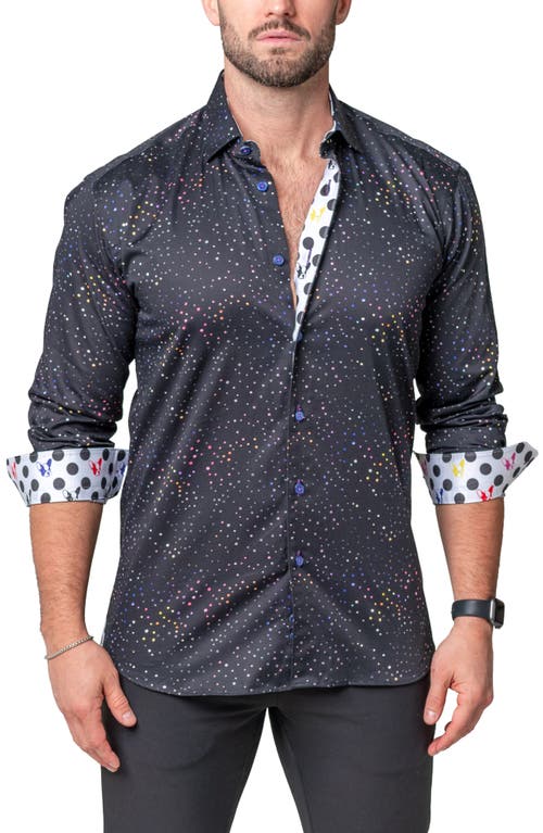 Maceoo Fibonacci Dotrainbow Cotton Button-Up Shirt in Black