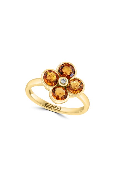 14K Yellow Gold Semiprecious Stone & Diamond Flower Ring - 0.02ct.