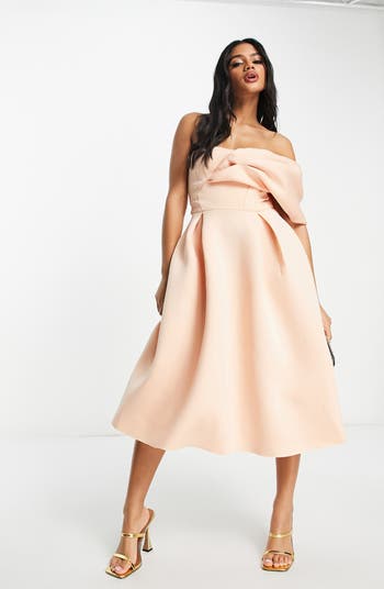 ASOS Design Draped Strapless Midi Dress in Light Pink