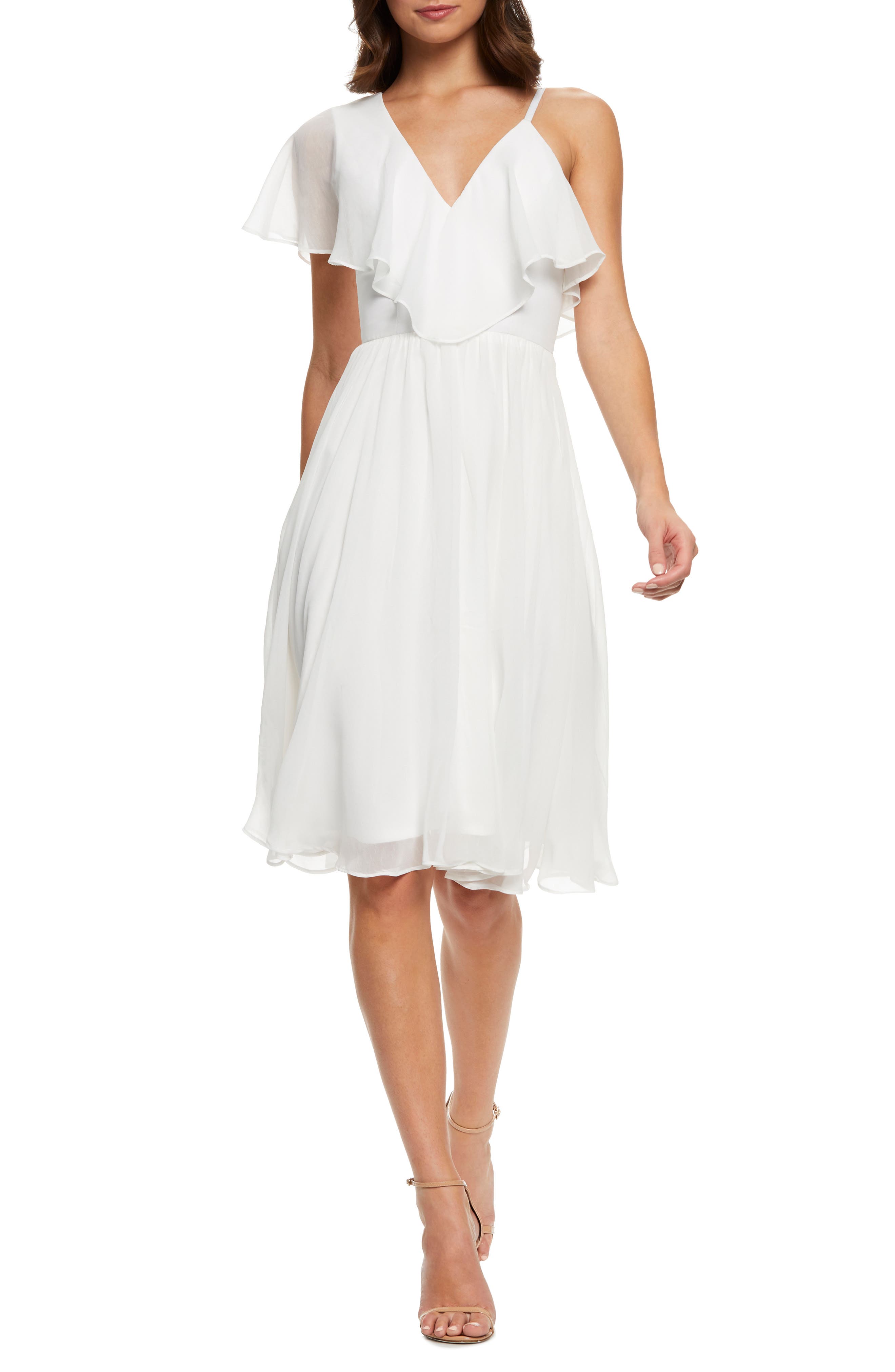 Dress The Population Claudia Asymmetrical Ruffle Cocktail Dress, White