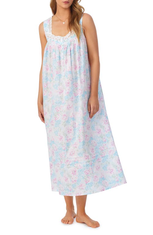 Eileen West Floral Print Cotton Ballet Nightgown in White/Aqua/Pink