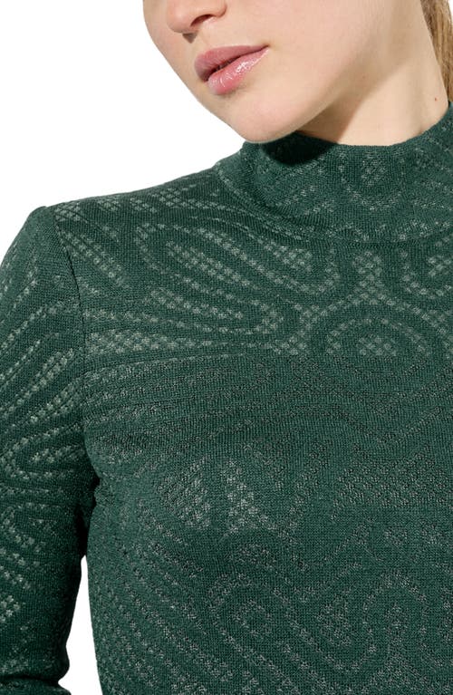 Ming Wang Mock Neck Burnout Jacquard Knit Crop Top In Forest Verid