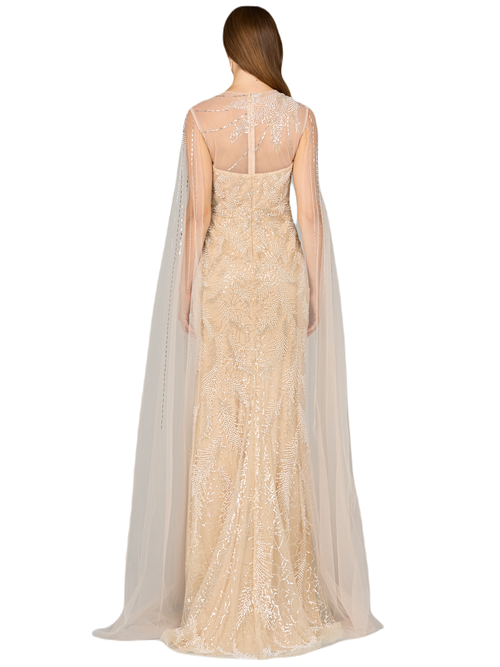 Lara New York Long Cape Beaded Gown In Champagneivory