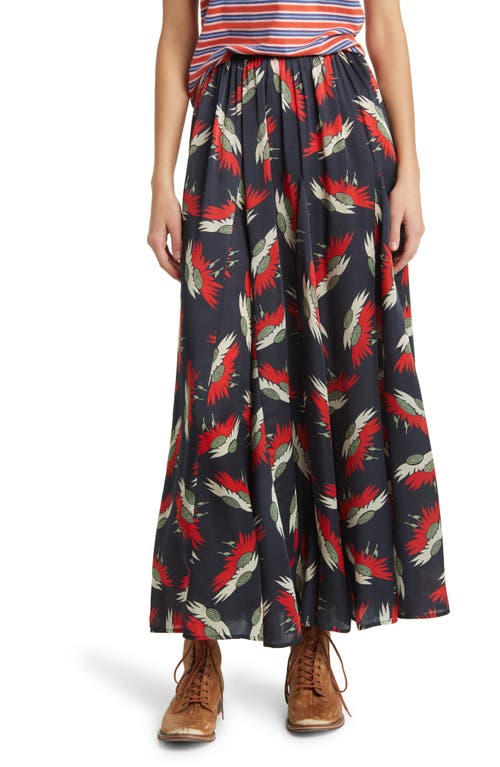 The Godet Floral Satin Maxi Skirt in Navy Birds Of Paradsise Print