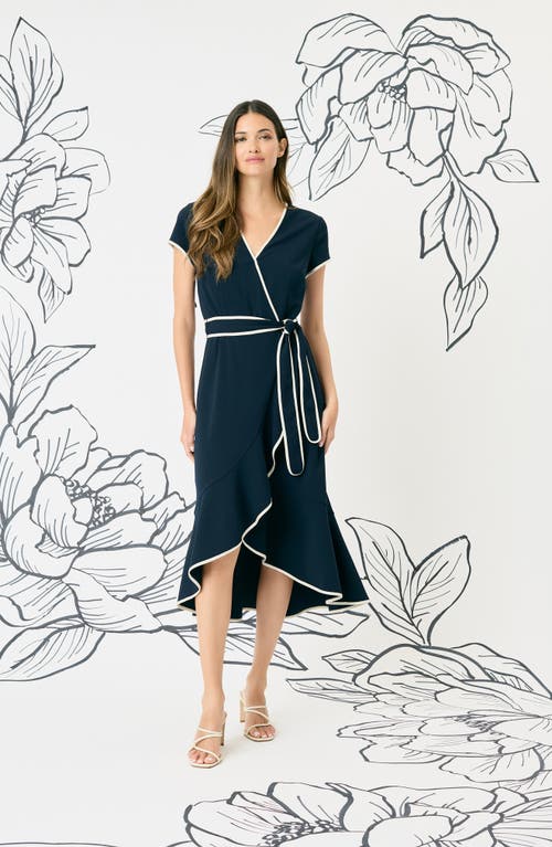 Shop Maggy London Short Sleeve Faux Wrap Dress In Twilight Navy