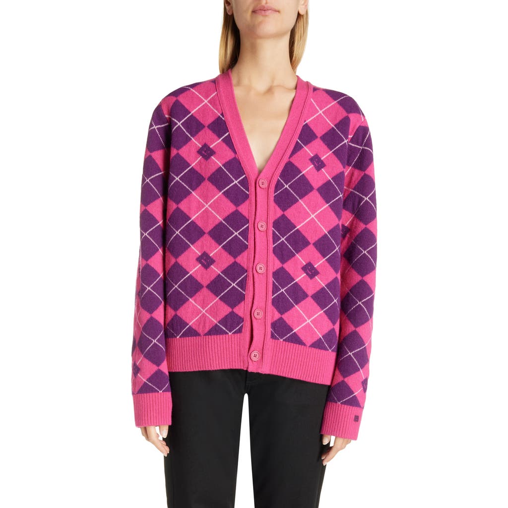 Acne Studios Kwanny Face Logo Argyle Jacquard Lambswool Blend V-neck Cardigan In Bright Pink/mid Purple