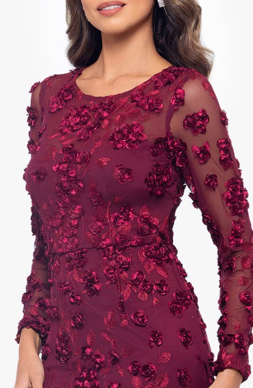 Xscape Evenings Embroidered Floral Long Sleeve Gown In Garnet