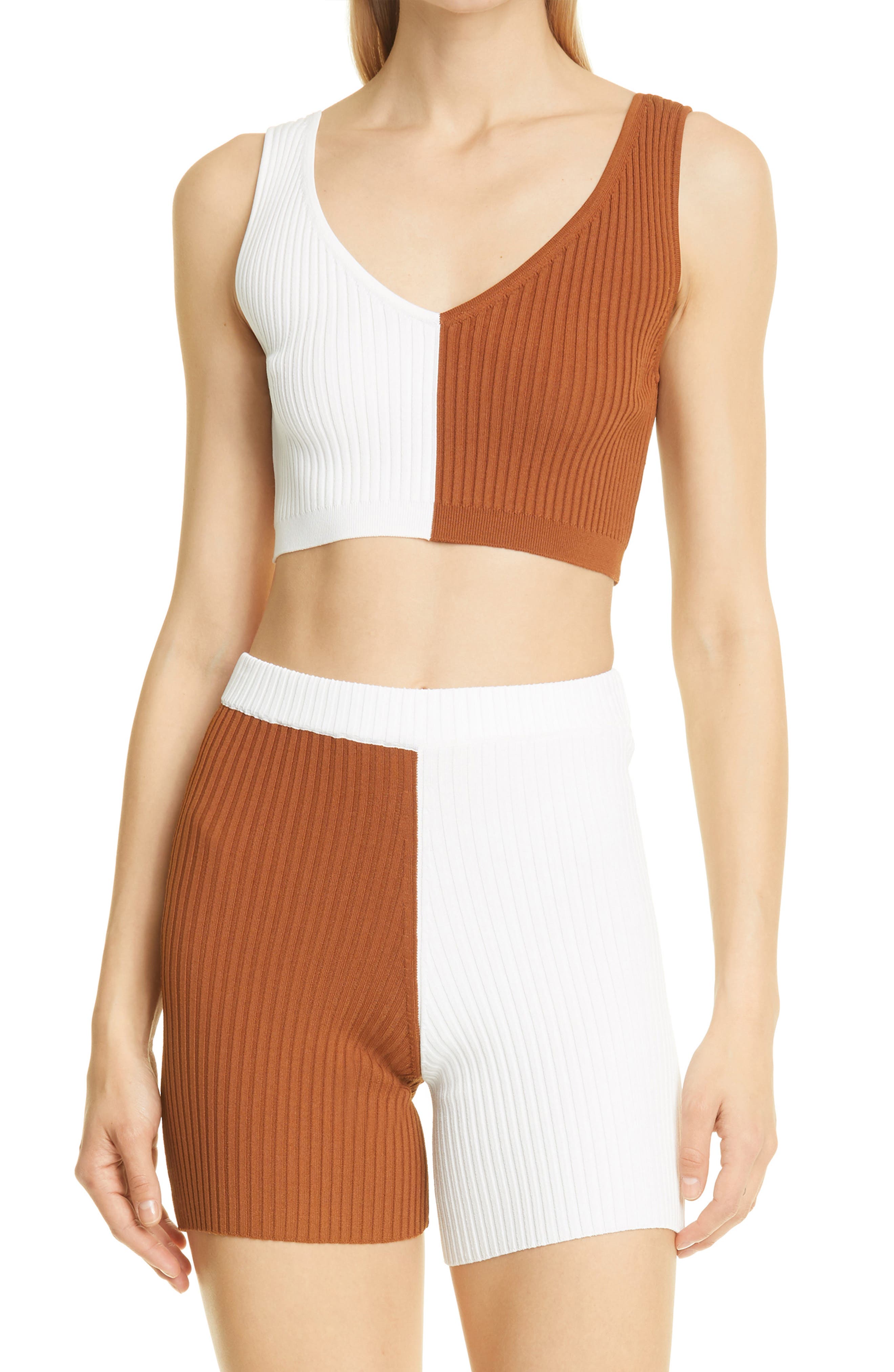 STAUD Hana Colorblock Crop Tank in White/Tan at Nordstrom, Size Large
