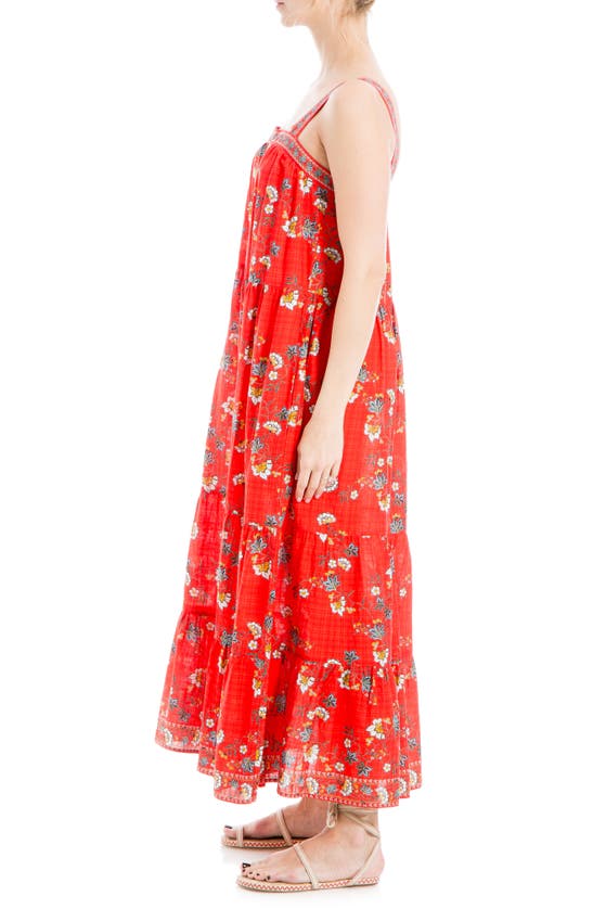 Shop Max Studio Floral Tiered Cotton Blend Maxi Dress In Red Floaty Flora